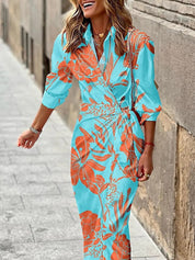 Women's Printed Wrap Dress Long Sleeve V-Neck Midi Belted Casual Chic
