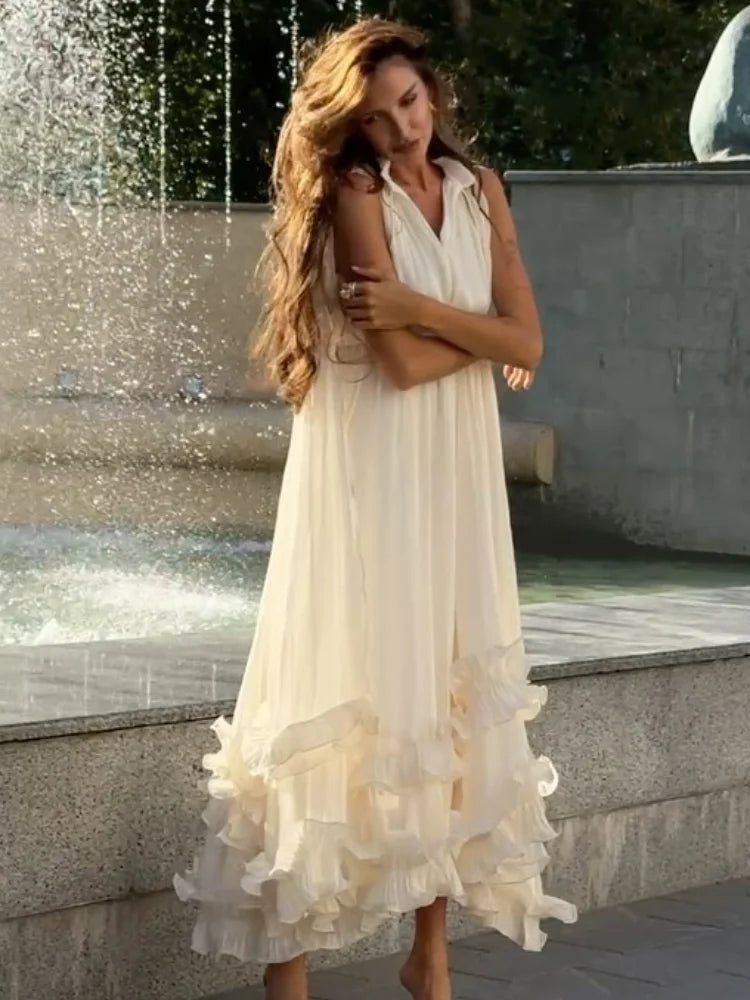 Women's Feminine Lapel V-Neck Ruffle High-Waist Sleeveless Maxi Dress
