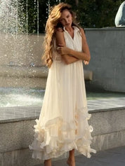 Women's Feminine Lapel V-Neck Ruffle High-Waist Sleeveless Maxi Dress