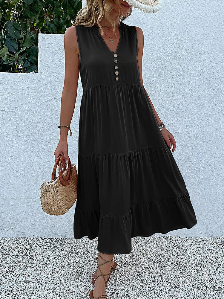 Women's Elegant Summer Dress Sleeveless V-Neck Tiered Flowy Midi Button Front