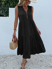 Women's Elegant Summer Dress Sleeveless V-Neck Tiered Flowy Midi Button Front