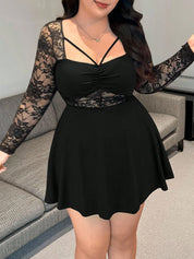 Women's Chic Plus-Size Lace Long-Sleeve Ruched Mini Dress