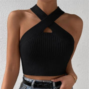 Women's Sporty Knit Cross-Neck Backless Sleeveless Crop Top