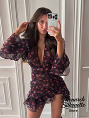 Women's Flirty Full-Sleeve Deep V-Neck Ruffle A-Line Short Dress