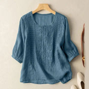 Women's Chic Effortless Embroidered Summer Blouse with Round Neckline