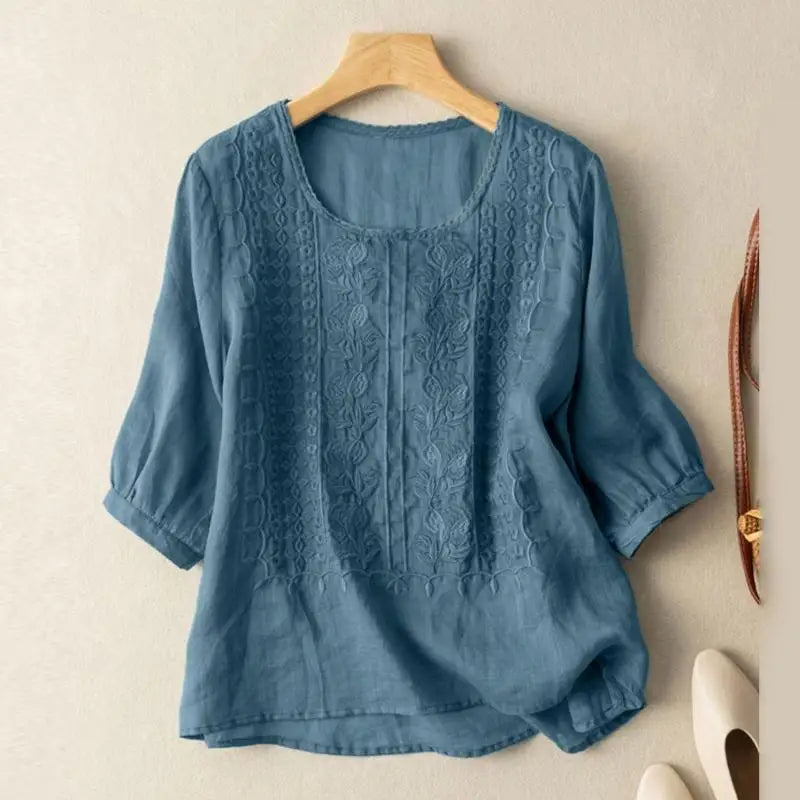 Women's Chic Effortless Embroidered Summer Blouse with Round Neckline
