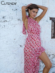 Women's Flirty One-Shoulder Floral Ruffle-Split Midi Dress