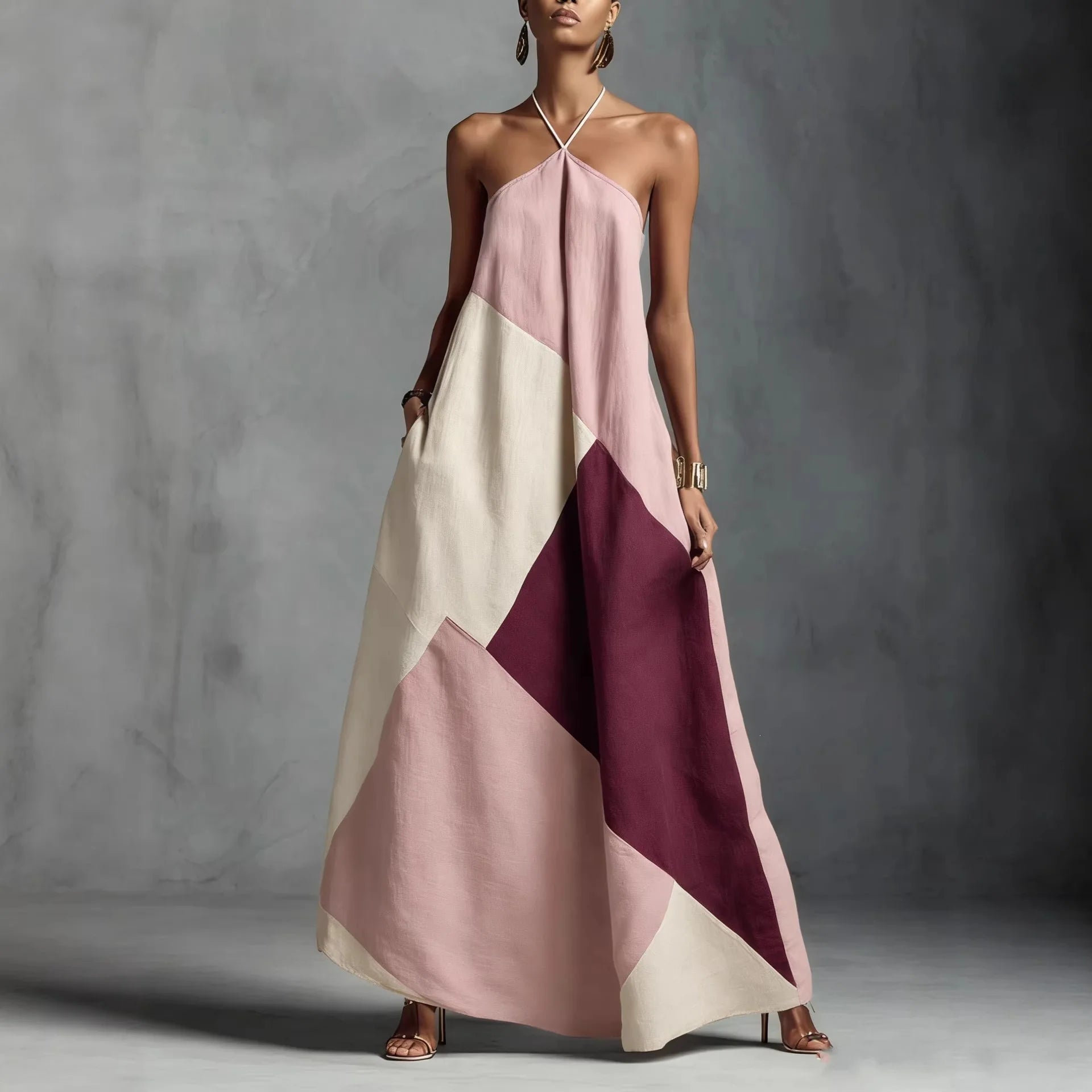 Women's Artistic Cross-Color Print Loose Long Skirt Dress