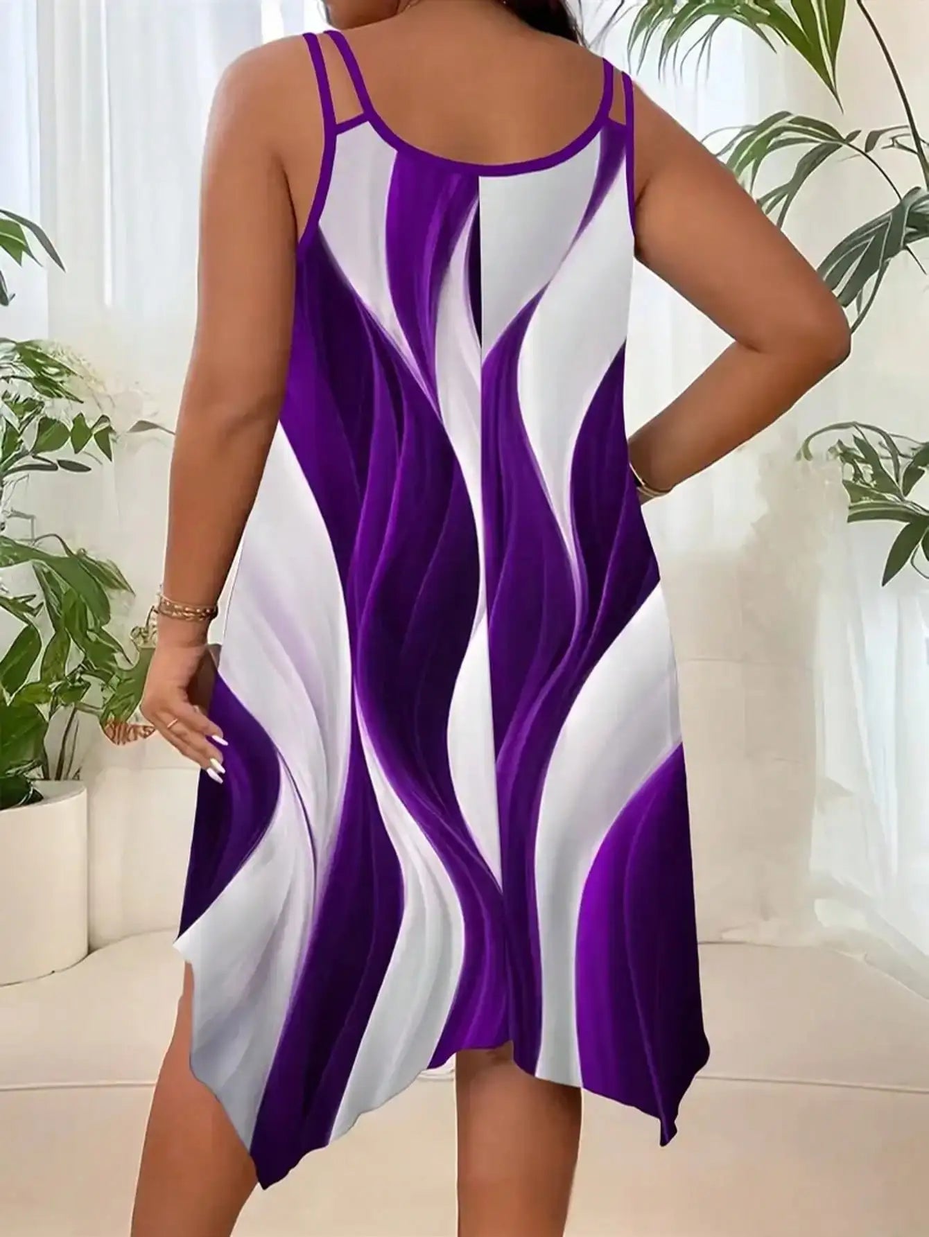 Women's Bold Plus-Size Geometric Stripe Asymmetrical Strap Dress