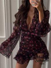 Women's Flirty Full-Sleeve Deep V-Neck Ruffle A-Line Short Dress