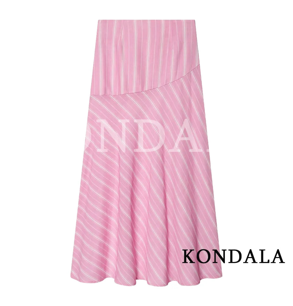 Women's Elegant Pink Striped Loose-Shirt Midi Skirt Set