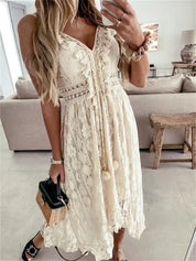 Women's Romantic White Lace V-Neck Flowy Bohemian Maxi Dress