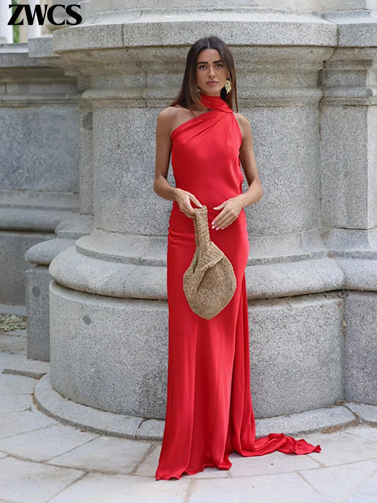 Women's Glamorous Satin Ribbon Halter Backless Off-Shoulder Party Dress
