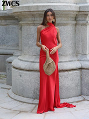 Women's Glamorous Satin Ribbon Halter Backless Off-Shoulder Party Dress