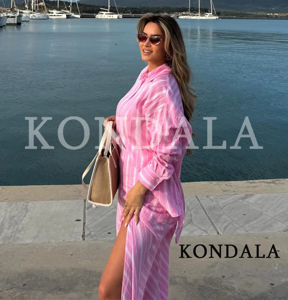 Women's Elegant Pink Striped Loose-Shirt Midi Skirt Set