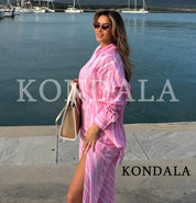 Women's Elegant Pink Striped Loose-Shirt Midi Skirt Set