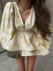 Women's Feminine Lapel V-Neck Ruffle High-Waist Sleeveless Maxi Dress