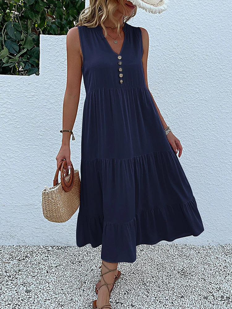Women's Elegant Summer Dress Sleeveless V-Neck Tiered Flowy Midi Button Front