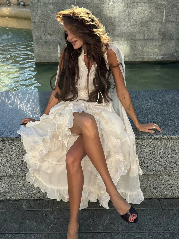 Women's Feminine Lapel V-Neck Ruffle High-Waist Sleeveless Maxi Dress