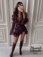 Women's Flirty Full-Sleeve Deep V-Neck Ruffle A-Line Short Dress