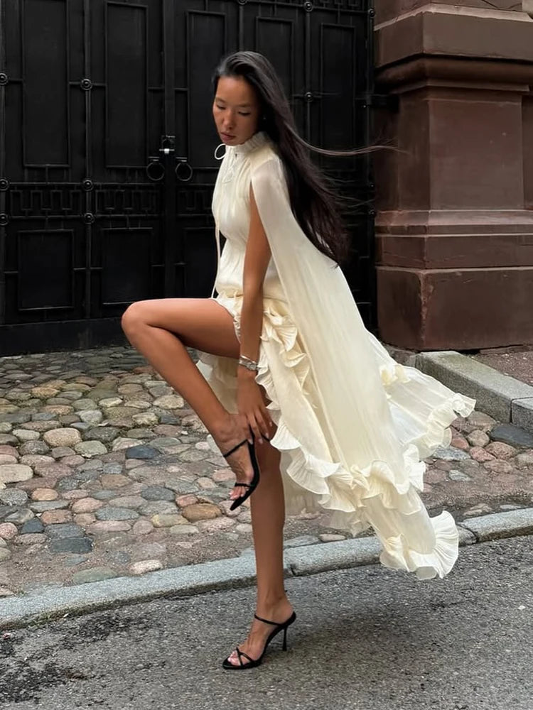 Women's Feminine Lapel V-Neck Ruffle High-Waist Sleeveless Maxi Dress