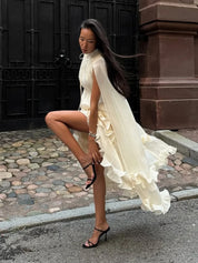 Women's Feminine Lapel V-Neck Ruffle High-Waist Sleeveless Maxi Dress