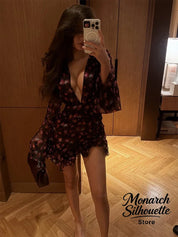 Women's Flirty Full-Sleeve Deep V-Neck Ruffle A-Line Short Dress