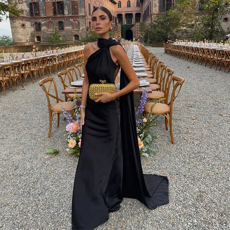 Women's Glamorous Satin Ribbon Halter Backless Off-Shoulder Party Dress