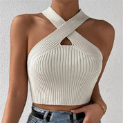 Women's Sporty Knit Cross-Neck Backless Sleeveless Crop Top