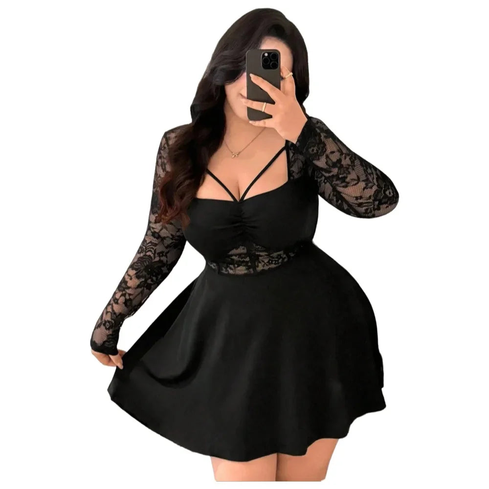 Women's Chic Plus-Size Lace Long-Sleeve Ruched Mini Dress