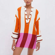 Women's Sexy V-Neck Long-Sleeve Hollow-Out Linen Mini Dress