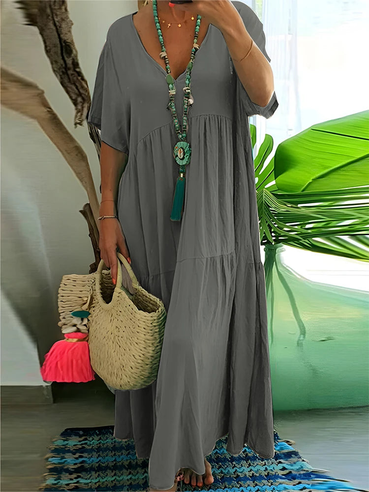 Women's Casual Plus-Size Loose V-Neck Pleated Maxi Dress