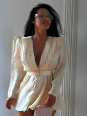Women's Flirty Full-Sleeve Deep V-Neck Ruffle A-Line Short Dress