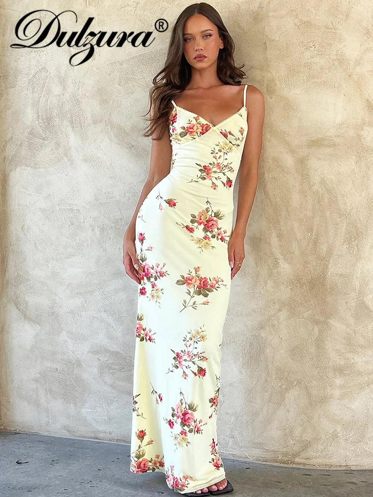 Women's Sultry Y2K Floral-Print Backless Bodycon Maxi Dress