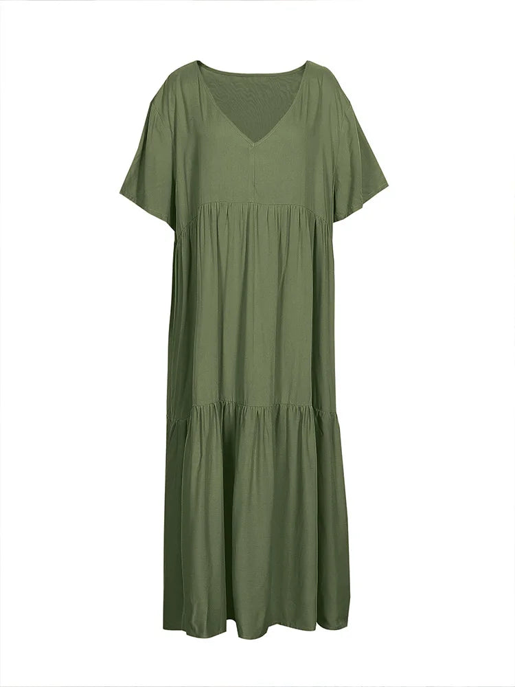Women's Casual Plus-Size Loose V-Neck Pleated Maxi Dress