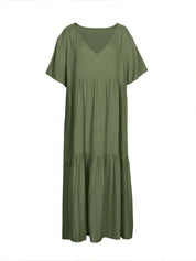 Women's Casual Plus-Size Loose V-Neck Pleated Maxi Dress