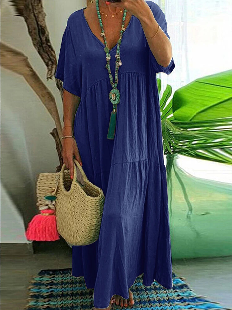 Women's Casual Plus-Size Loose V-Neck Pleated Maxi Dress