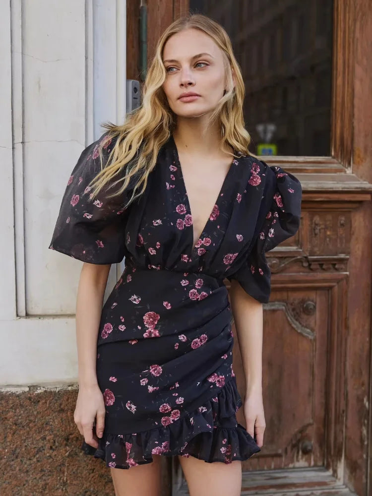 Women's Flirty Full-Sleeve Deep V-Neck Ruffle A-Line Short Dress