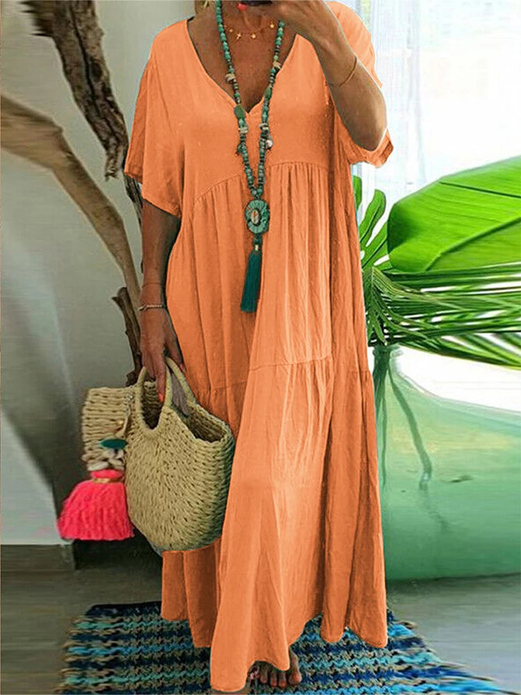 Women's Casual Plus-Size Loose V-Neck Pleated Maxi Dress