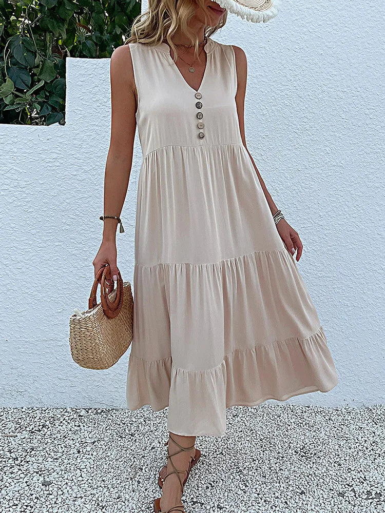Women's Elegant Summer Dress Sleeveless V-Neck Tiered Flowy Midi Button Front
