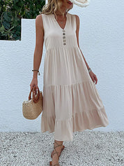 Women's Elegant Summer Dress Sleeveless V-Neck Tiered Flowy Midi Button Front