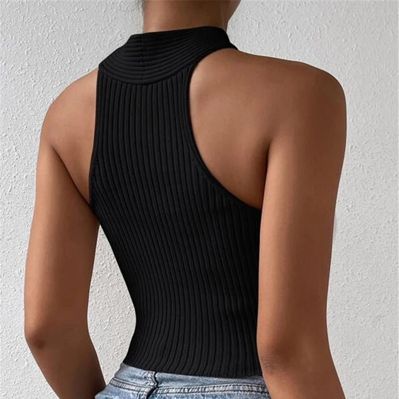 Women's Sporty Knit Cross-Neck Backless Sleeveless Crop Top