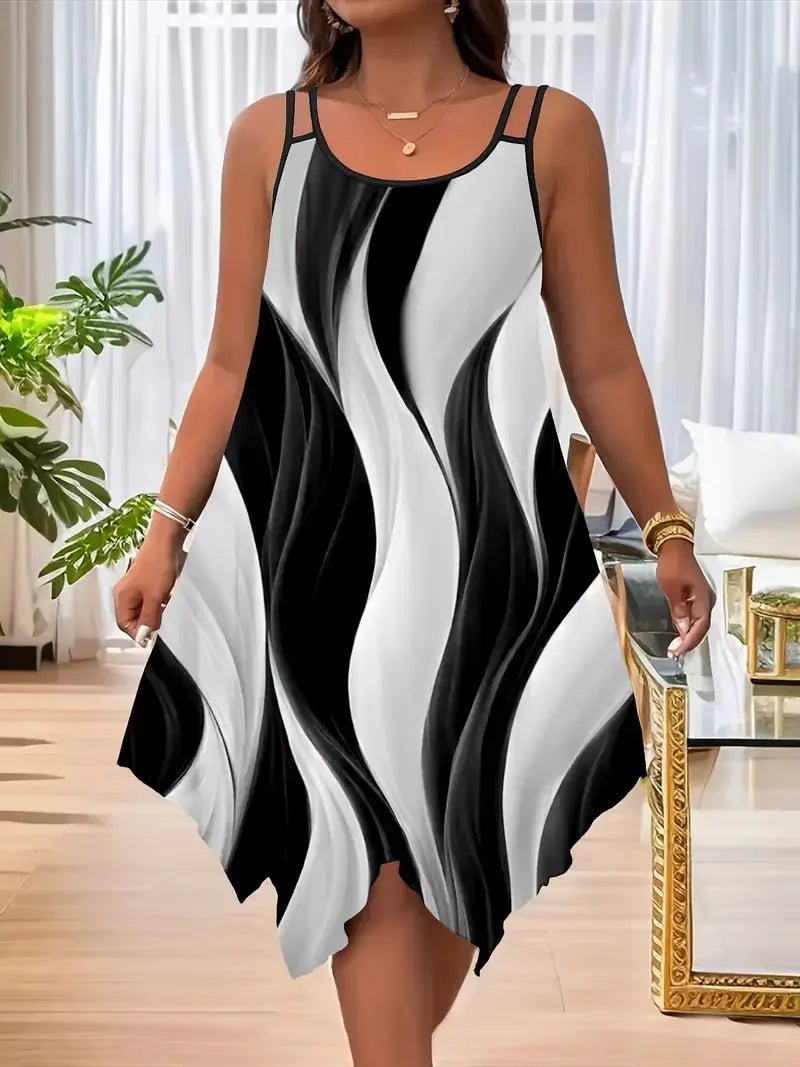 Women's Bold Plus-Size Geometric Stripe Asymmetrical Strap Dress