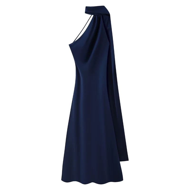 Women's Glamorous Satin Ribbon Halter Backless Off-Shoulder Party Dress