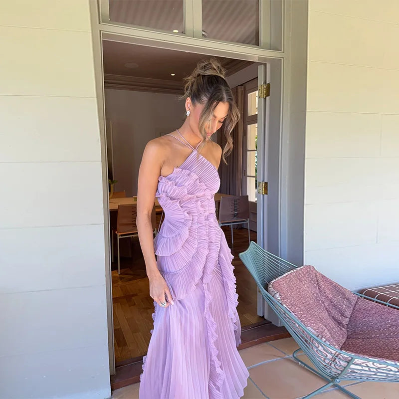 Women's Graceful Halter Tiered Chiffon Backless Evening Gown