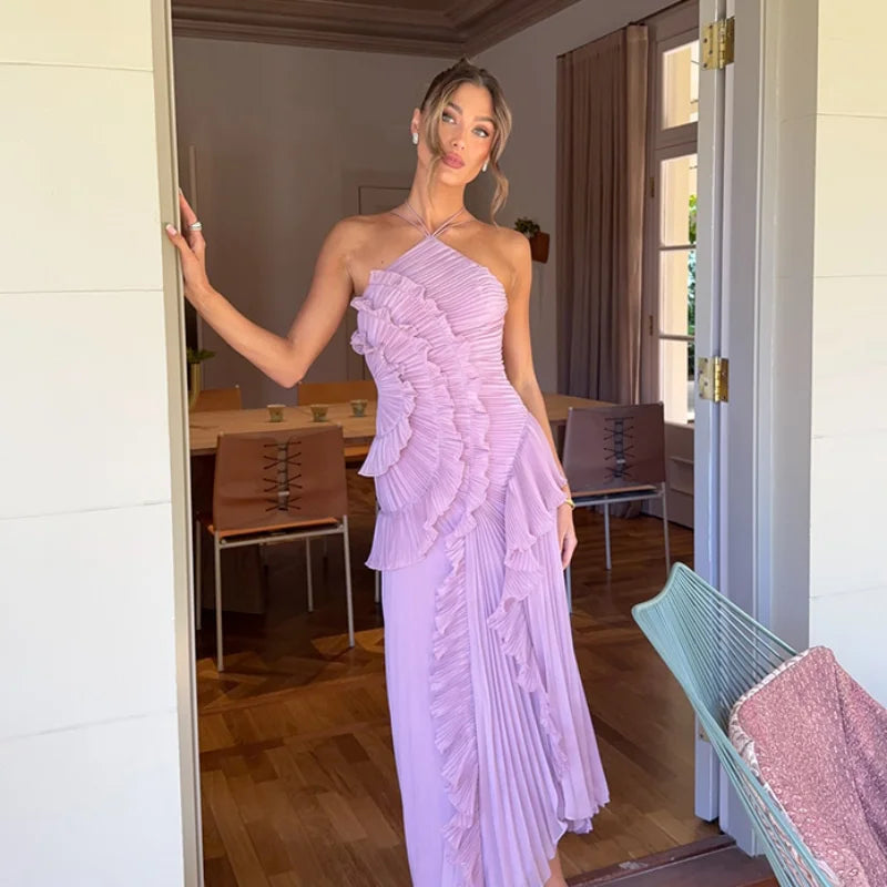 Women's Graceful Halter Tiered Chiffon Backless Evening Gown