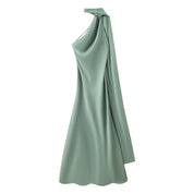 Women's Glamorous Satin Ribbon Halter Backless Off-Shoulder Party Dress