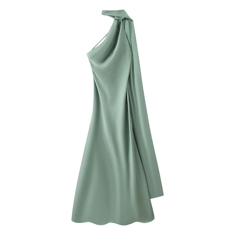 Women's Glamorous Satin Ribbon Halter Backless Off-Shoulder Party Dress