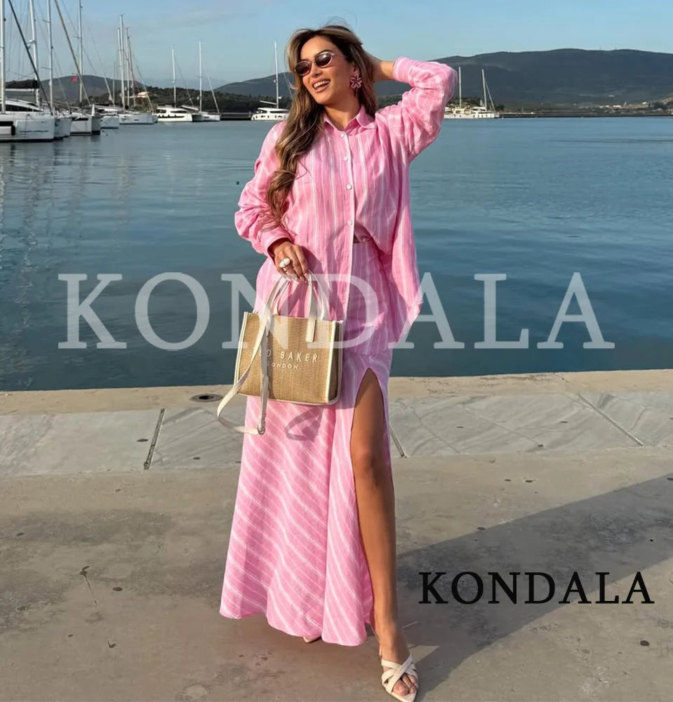 Women's Elegant Pink Striped Loose-Shirt Midi Skirt Set