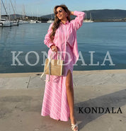 Women's Elegant Pink Striped Loose-Shirt Midi Skirt Set